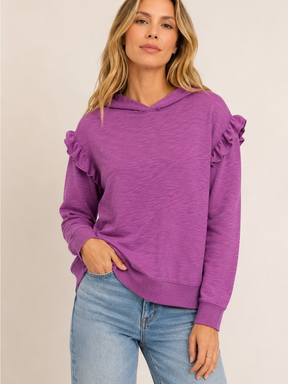 Monrow Ruffle Sleeve Hoodie Pullover Sweatshirt Purple Medium